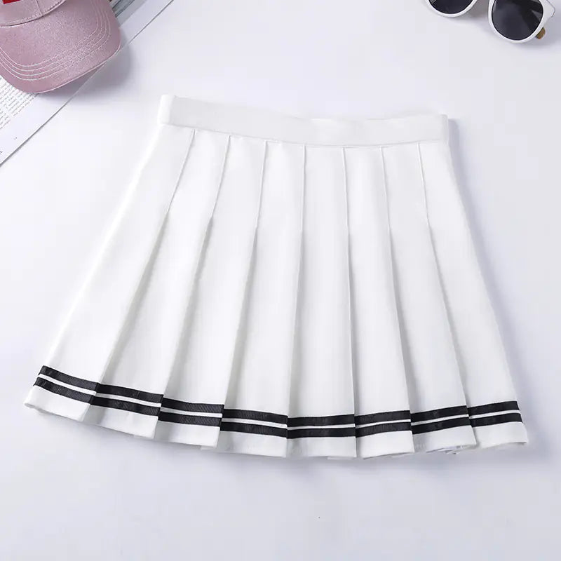 Navy Style Half-Length Striped Elastic Waist Skirt